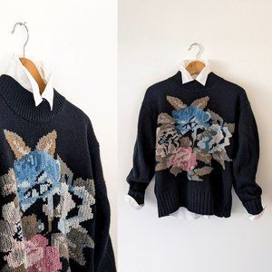 90's Michelle Stuart Navy and Roses Mock Neck Sweater